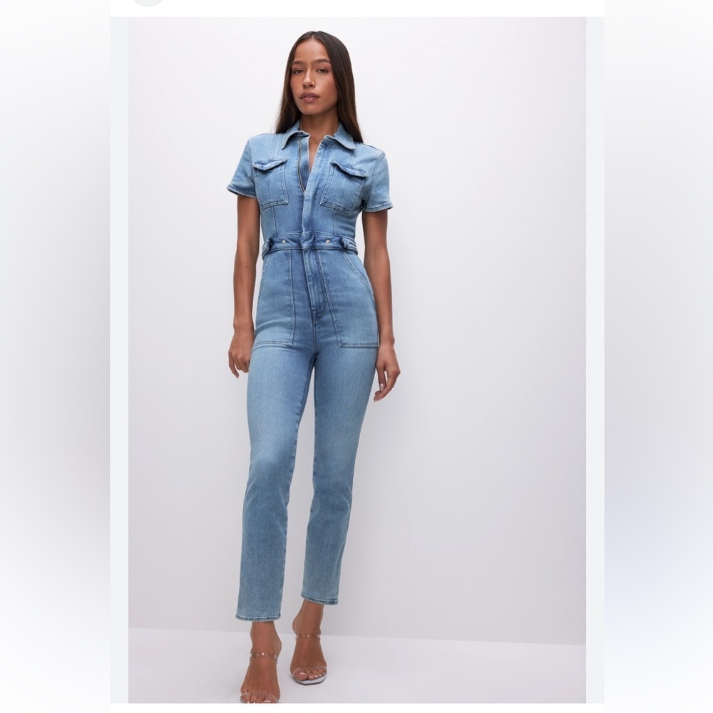 NWT Good American Fit For Success Denim Jumpsuit Mid-Blue Wash